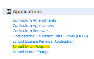 A screenshot of the BPSS system showing School Move Request in a list of applications.